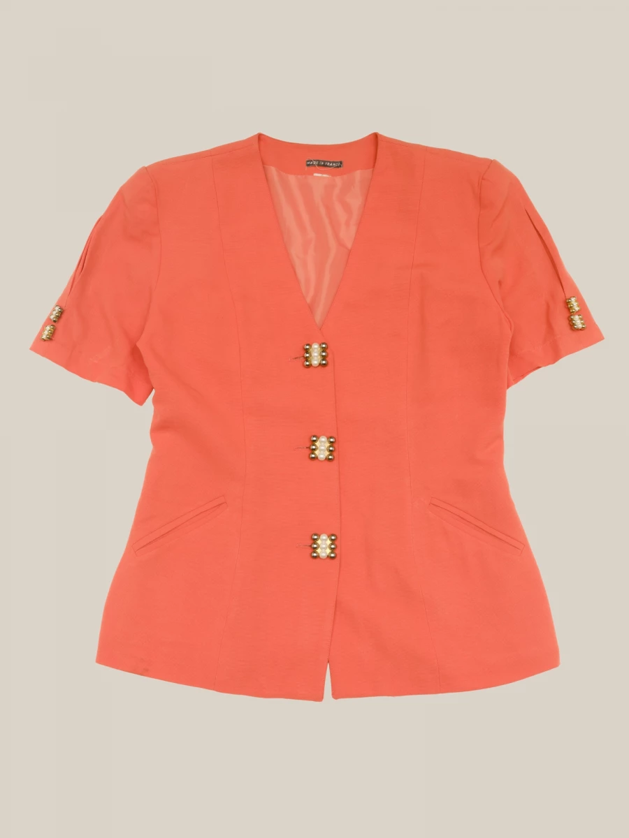 Vintage Salmon Short-Sleeved Blazer with Jewel Buttons