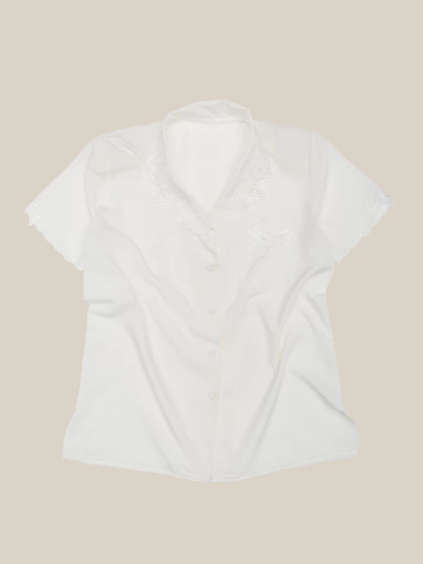 White Vintage Short Sleeve Shirt with Embroidery