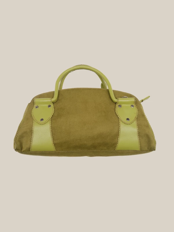 Acid Green Leather Details Vintage Suede Handbag