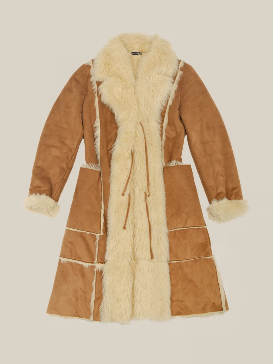 Vintage Camel Suede Eco Fur Coat