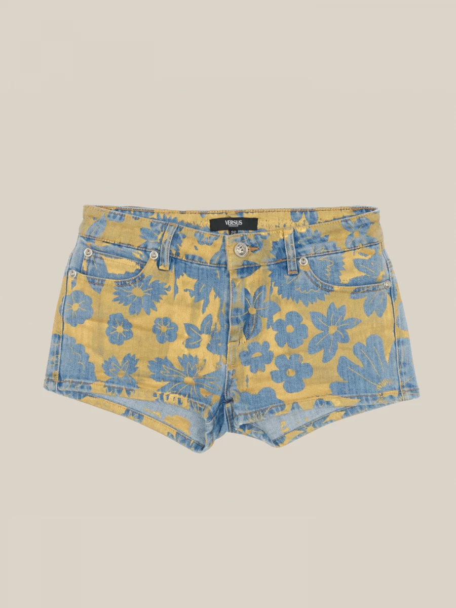 Gold Floral Printed Denim Mini Shorts