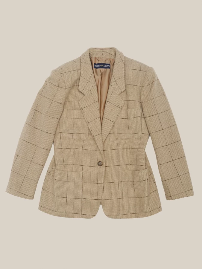 Vintage Beige Plaid Wool Blazer