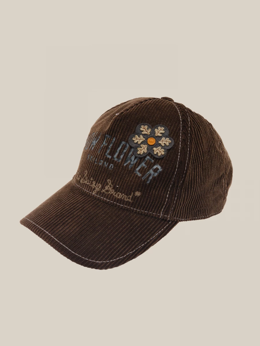 Brown Ribbed Corduroy Cap with lettering and appliqués