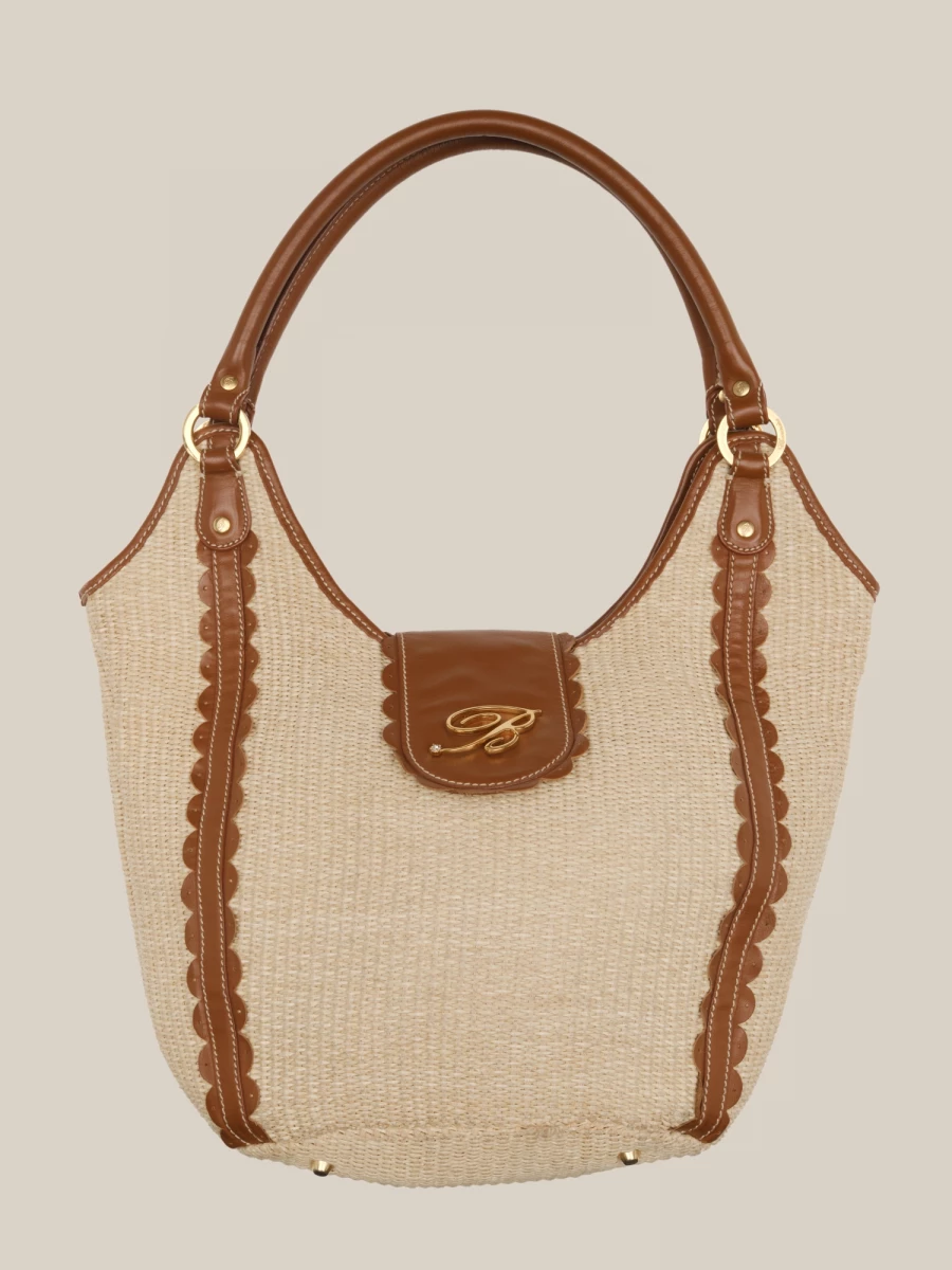 Beige woven paper straw Shoulder Bag with leather details