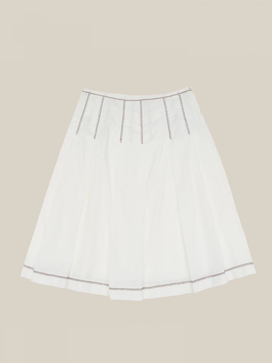 White Pleated Mid-Length Skirt with contrast stitching