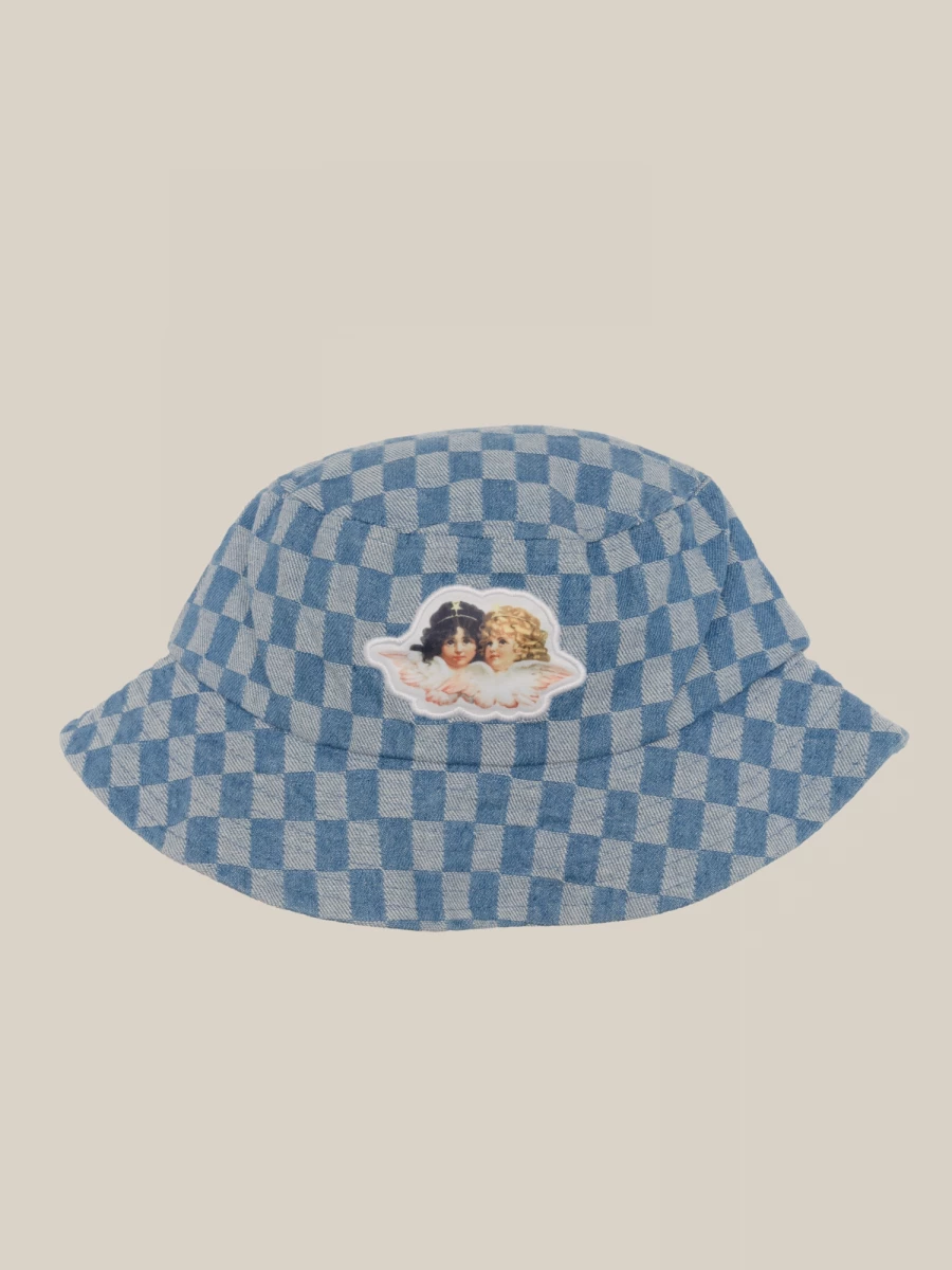 Light Blue Checkered Pattern Denim Cotton Bucket Hat