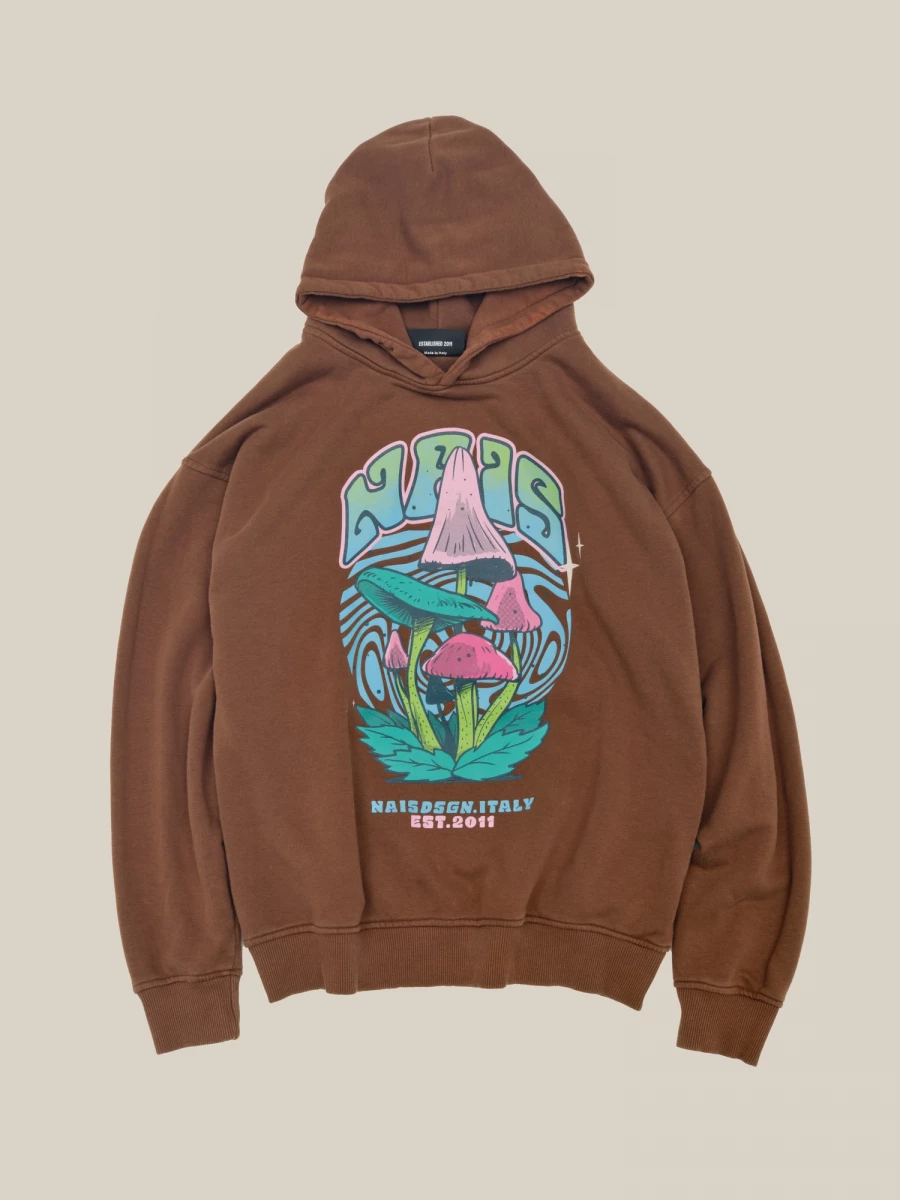 Brown Hoodie with Multicolored Print and Pockets