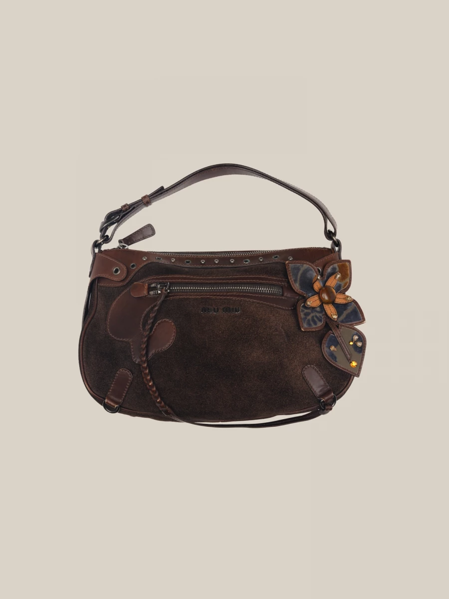 Brown Suede Shoulder Bag with leather inserts and appliqués