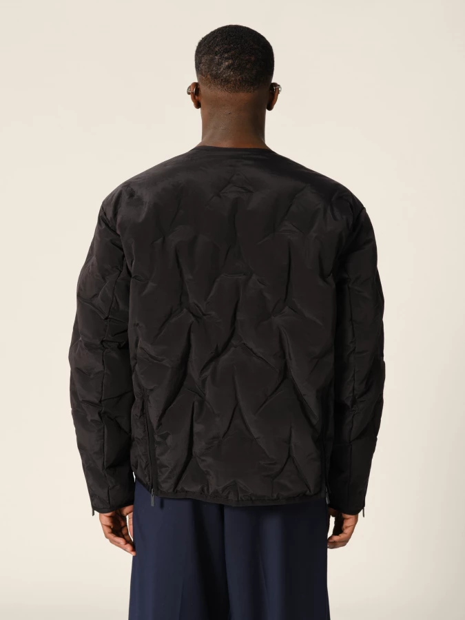 Black 'Cyberen III' Collarless Down Jacket with frayed tapes