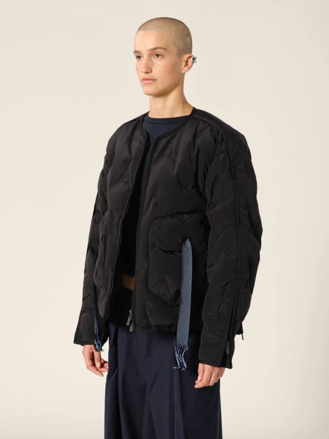 Black 'Cyberen III' Collarless Down Jacket with frayed tapes