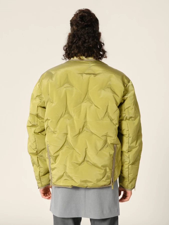 Olive Green 'Cyberen III' Collarless Down Jacket with frayed tapes