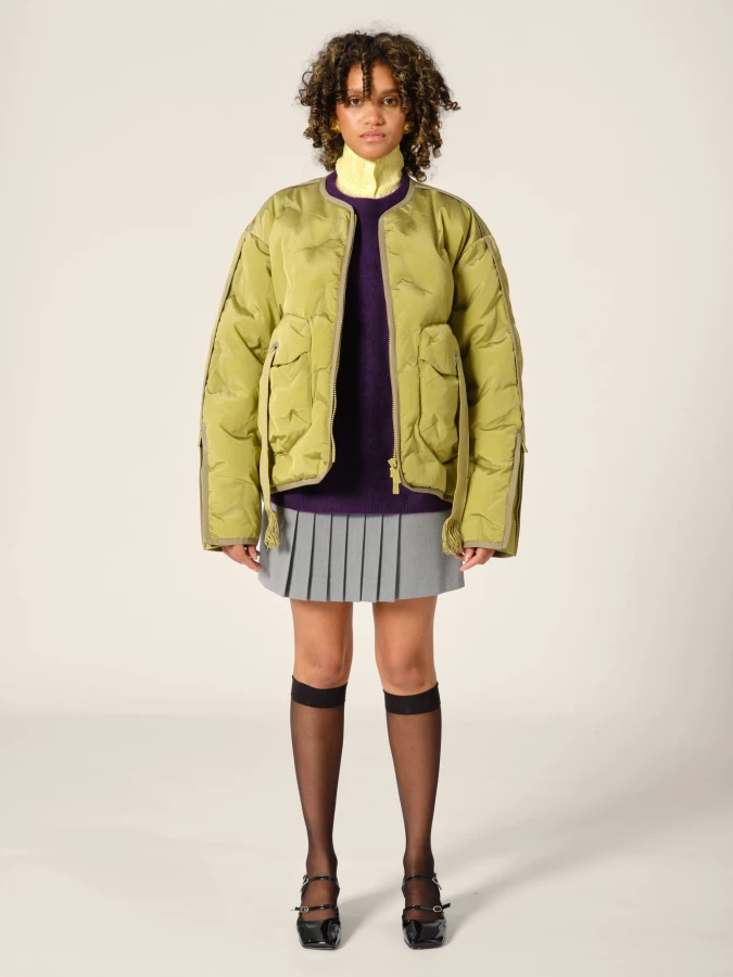 Olive Green 'Cyberen III' Collarless Down Jacket with frayed tapes