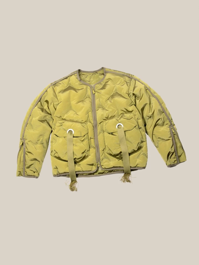 Olive Green 'Cyberen III' Collarless Down Jacket with frayed tapes