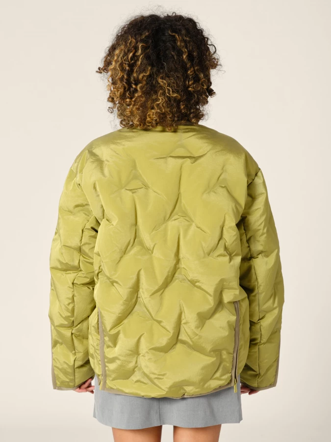 Olive Green 'Cyberen III' Collarless Down Jacket with frayed tapes