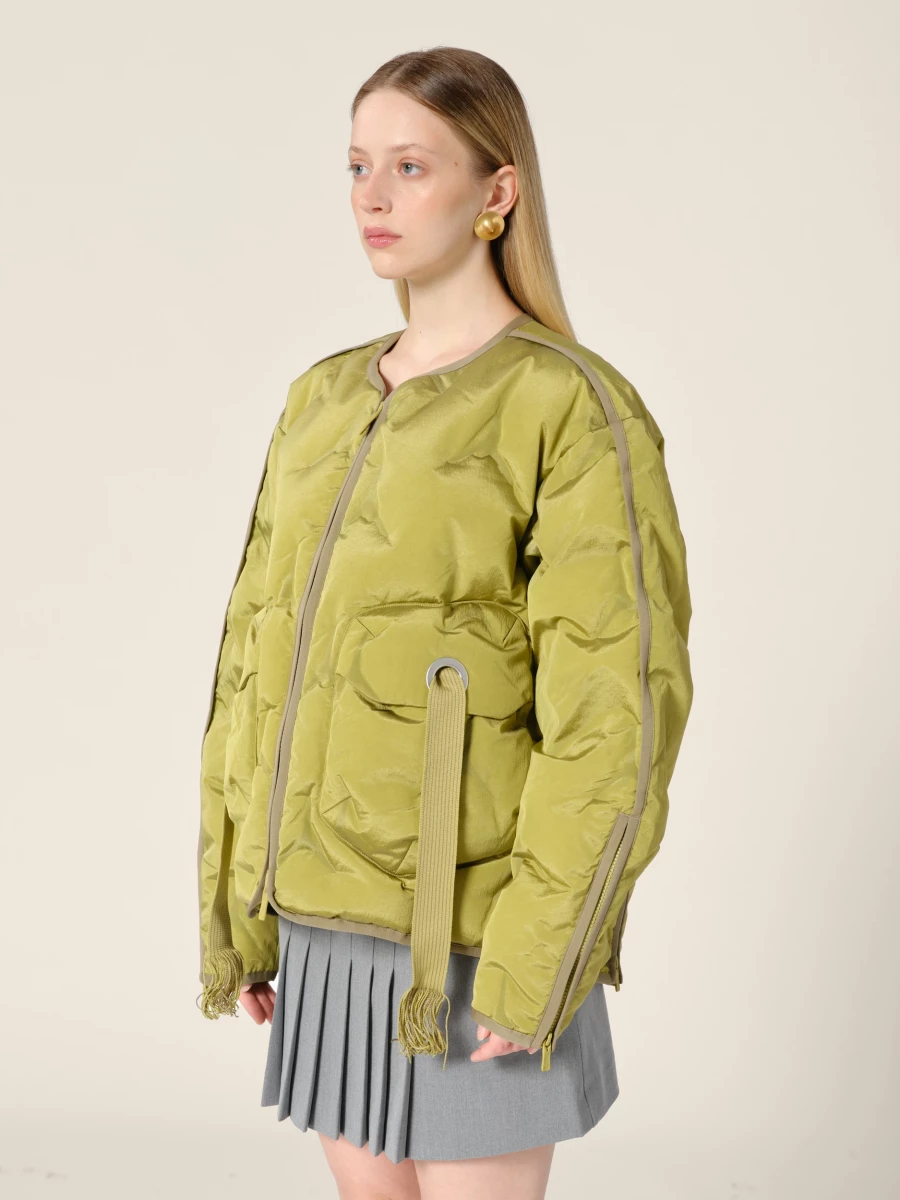 Olive Green 'Cyberen III' Collarless Down Jacket with frayed tapes