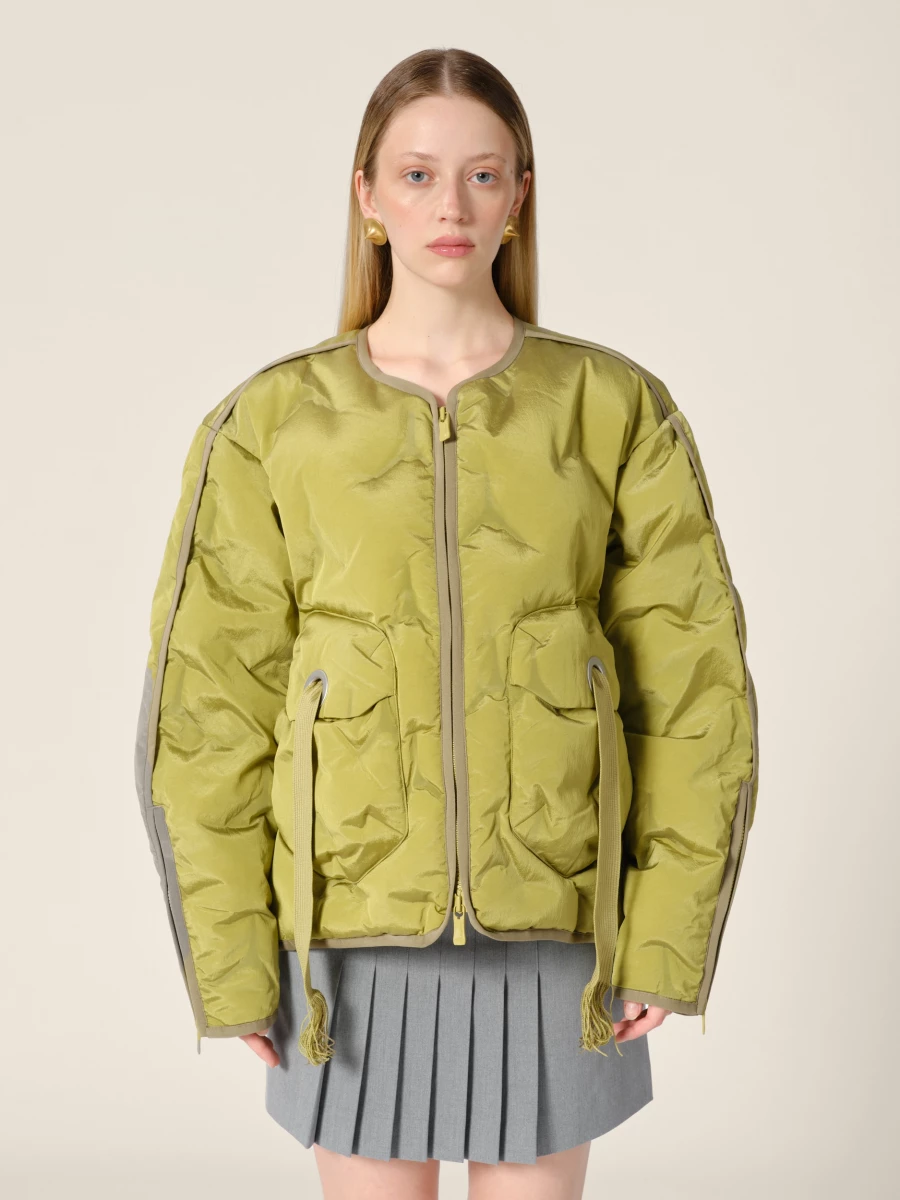 Olive Green 'Cyberen III' Collarless Down Jacket with frayed tapes
