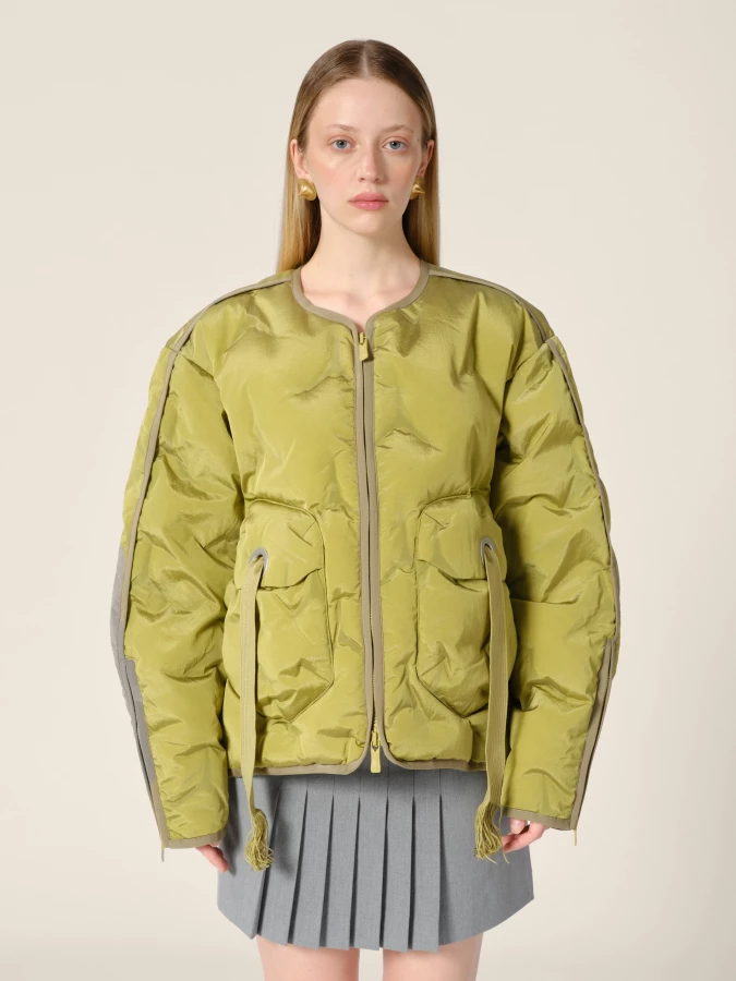 Olive Green 'Cyberen III' Collarless Down Jacket with frayed tapes