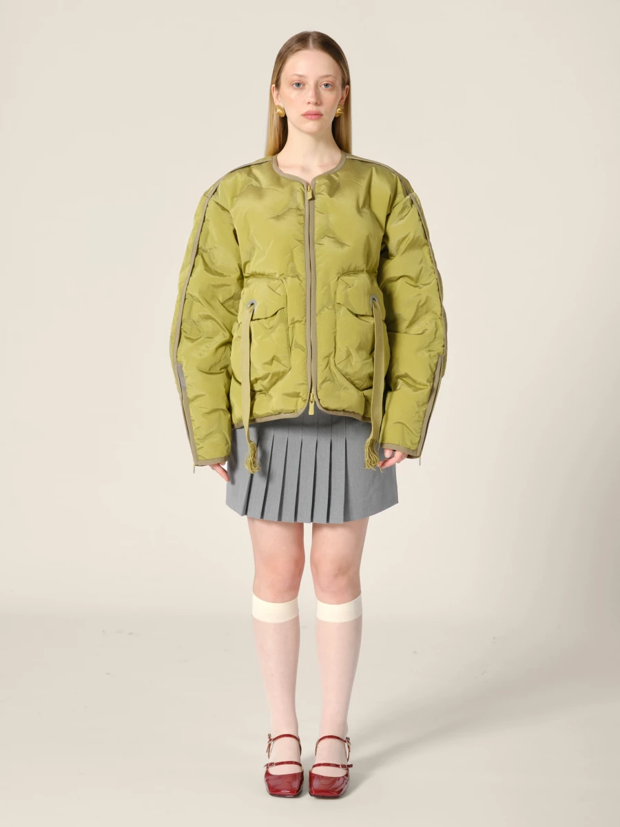 Olive Green 'Cyberen III' Collarless Down Jacket with frayed tapes