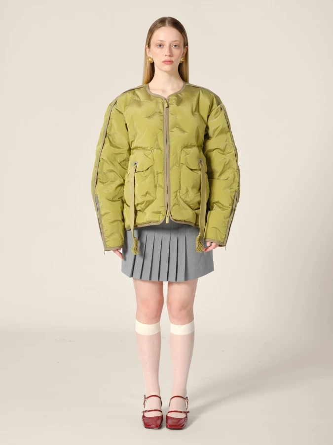 Olive Green 'Cyberen III' Collarless Down Jacket with frayed tapes