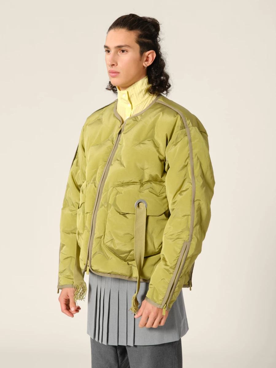Olive Green 'Cyberen III' Collarless Down Jacket with frayed tapes