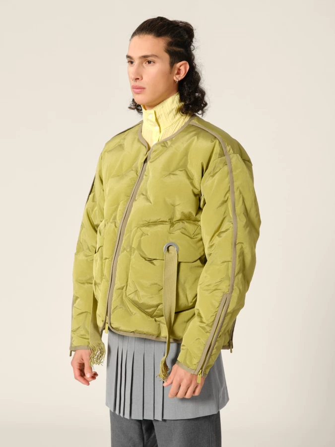 Olive Green 'Cyberen III' Collarless Down Jacket with frayed tapes