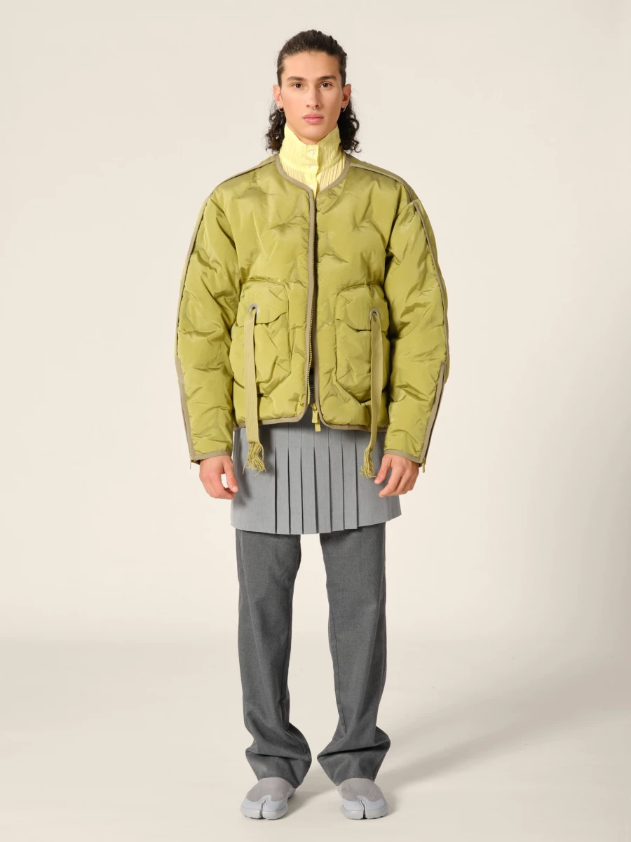 Olive Green 'Cyberen III' Collarless Down Jacket with frayed tapes