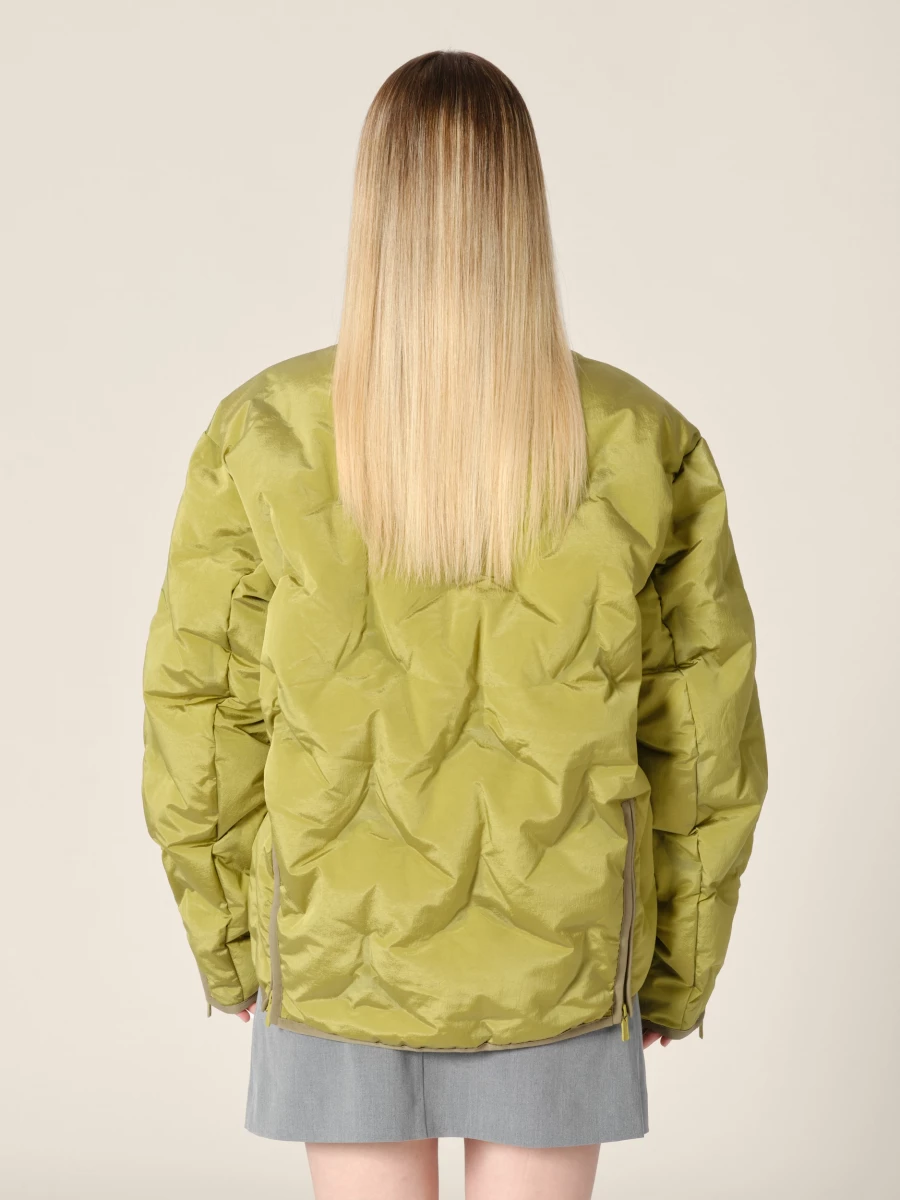 Olive Green 'Cyberen III' Collarless Down Jacket with frayed tapes