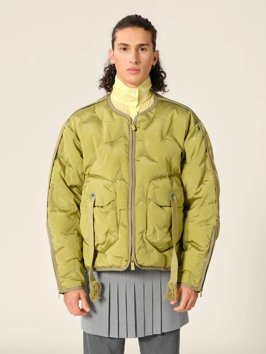 Olive Green 'Cyberen III' Collarless Down Jacket with frayed tapes