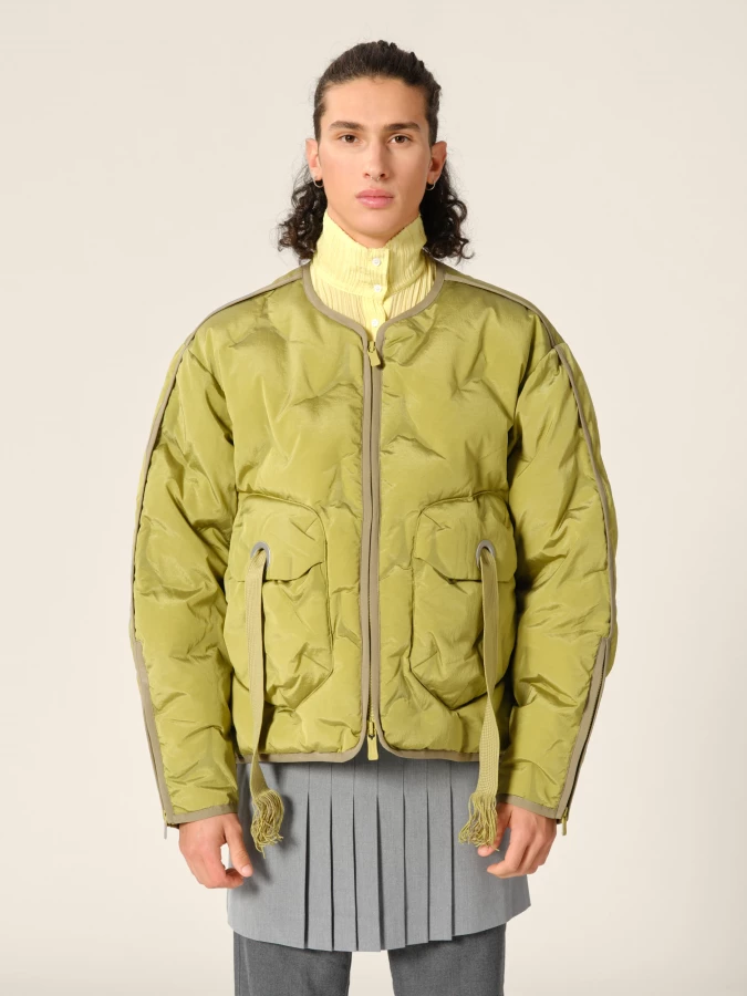 Olive Green 'Cyberen III' Collarless Down Jacket with frayed tapes