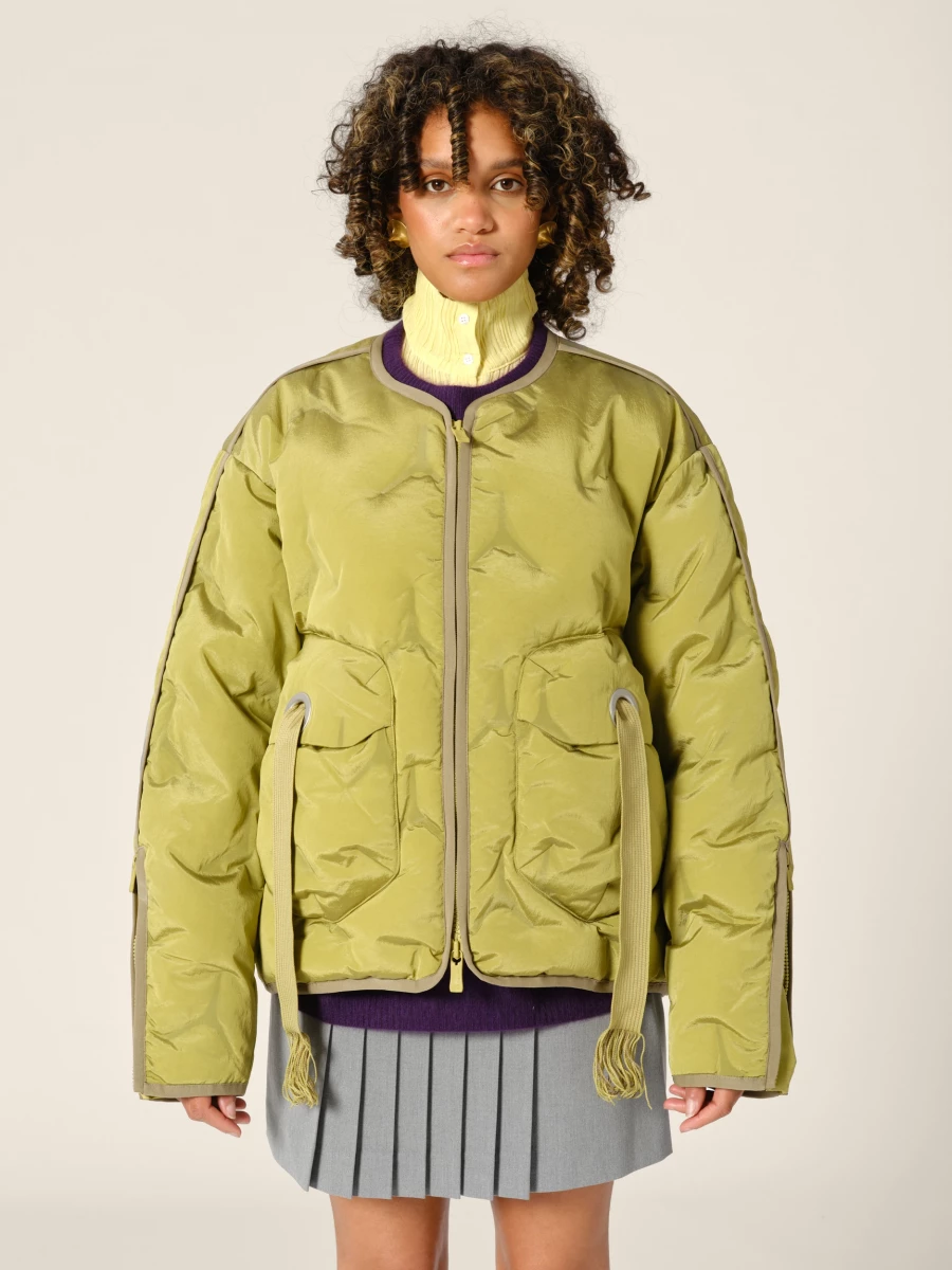 Olive Green 'Cyberen III' Collarless Down Jacket with frayed tapes