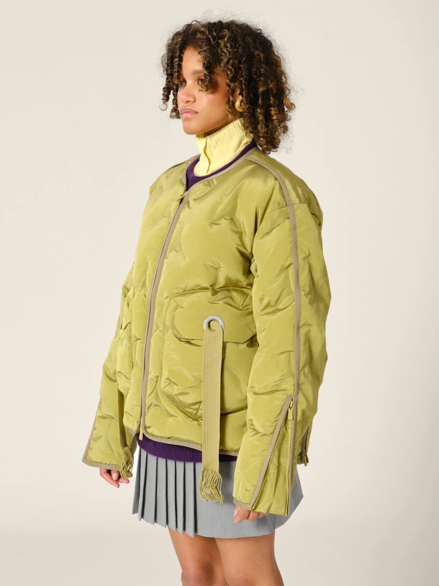 Olive Green 'Cyberen III' Collarless Down Jacket with frayed tapes
