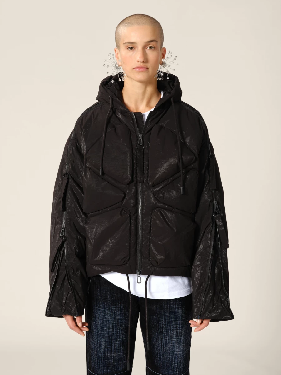Black 'Turtles' multi zip hooded down jacket