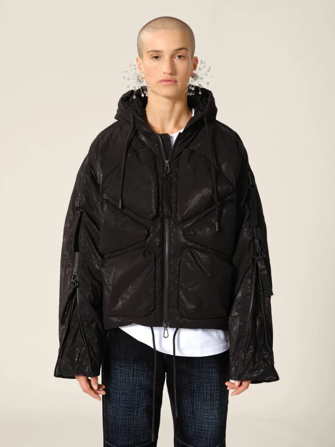 Black 'Turtles' multi zip hooded down jacket