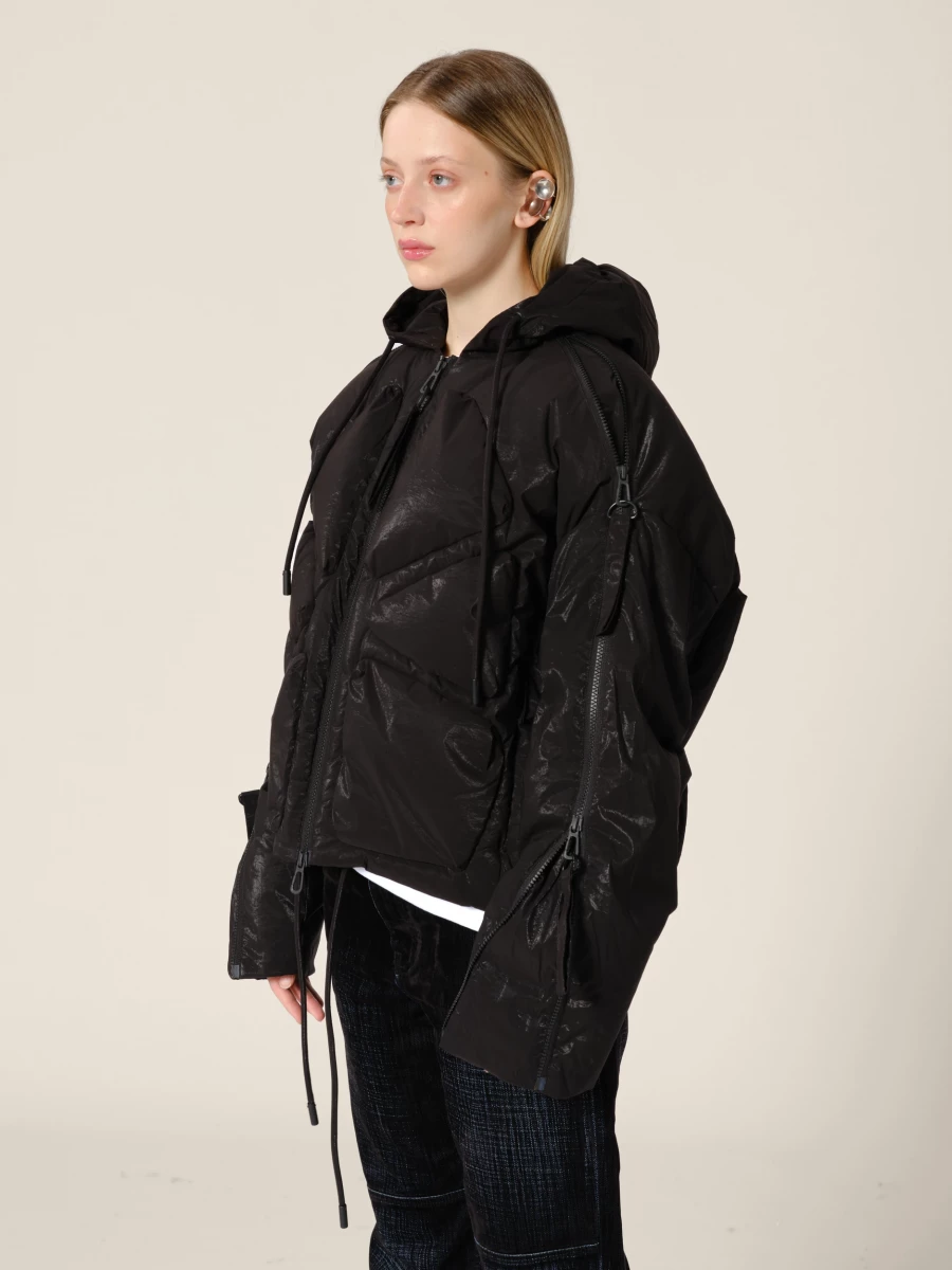 Black 'Turtles' multi zip hooded down jacket