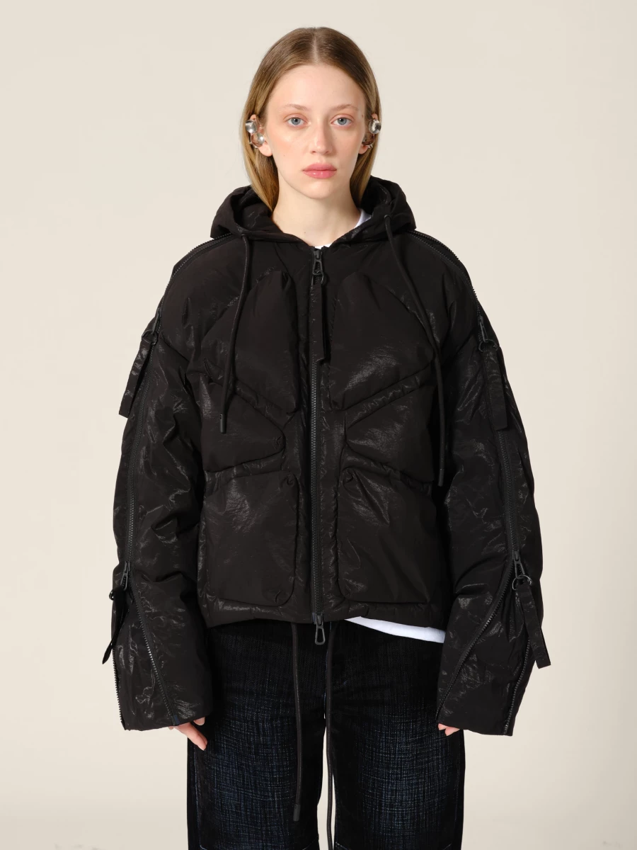 Black 'Turtles' multi zip hooded down jacket