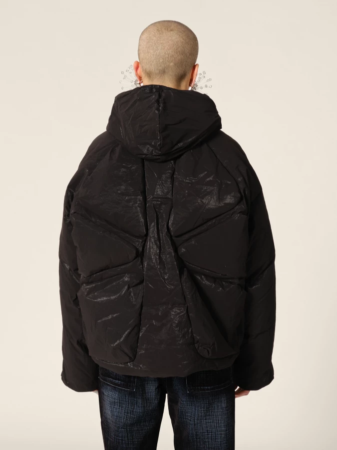 Black 'Turtles' multi zip hooded down jacket