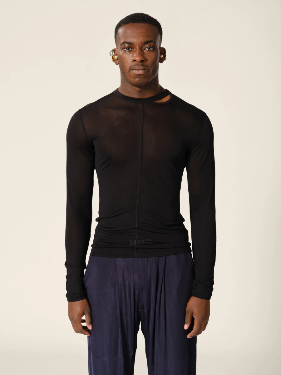 Black Asymetrical Opening Silk Blouse