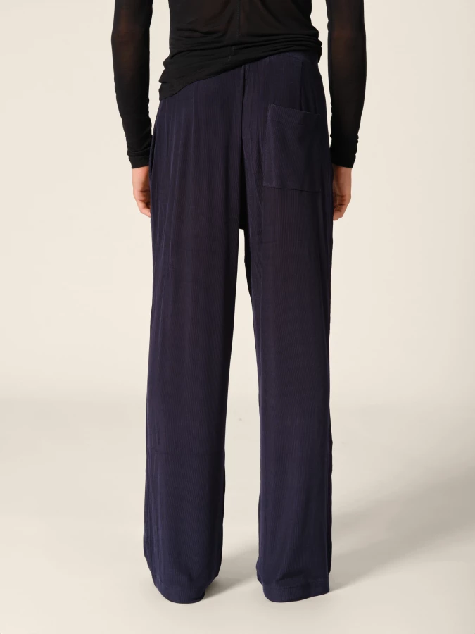 Dark Blue Elasticated Belt Jersey Wide-Leg Trousers