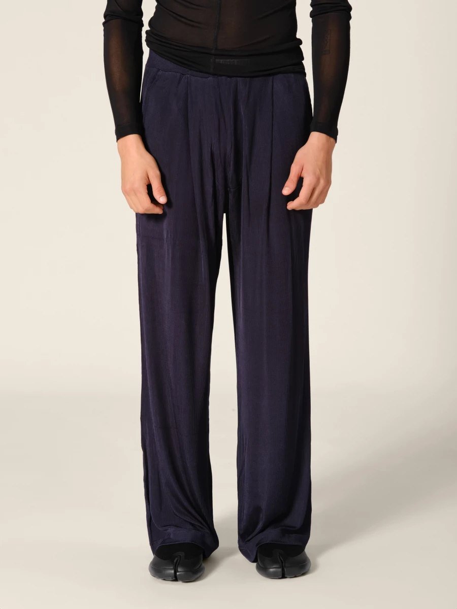 Pantaloni Blu Scuro a gamba larga in Jersey con elastico