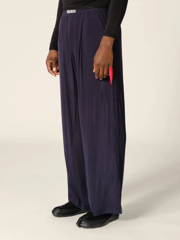 Dark Blue Elasticated Belt Jersey Wide-Leg Trousers 2