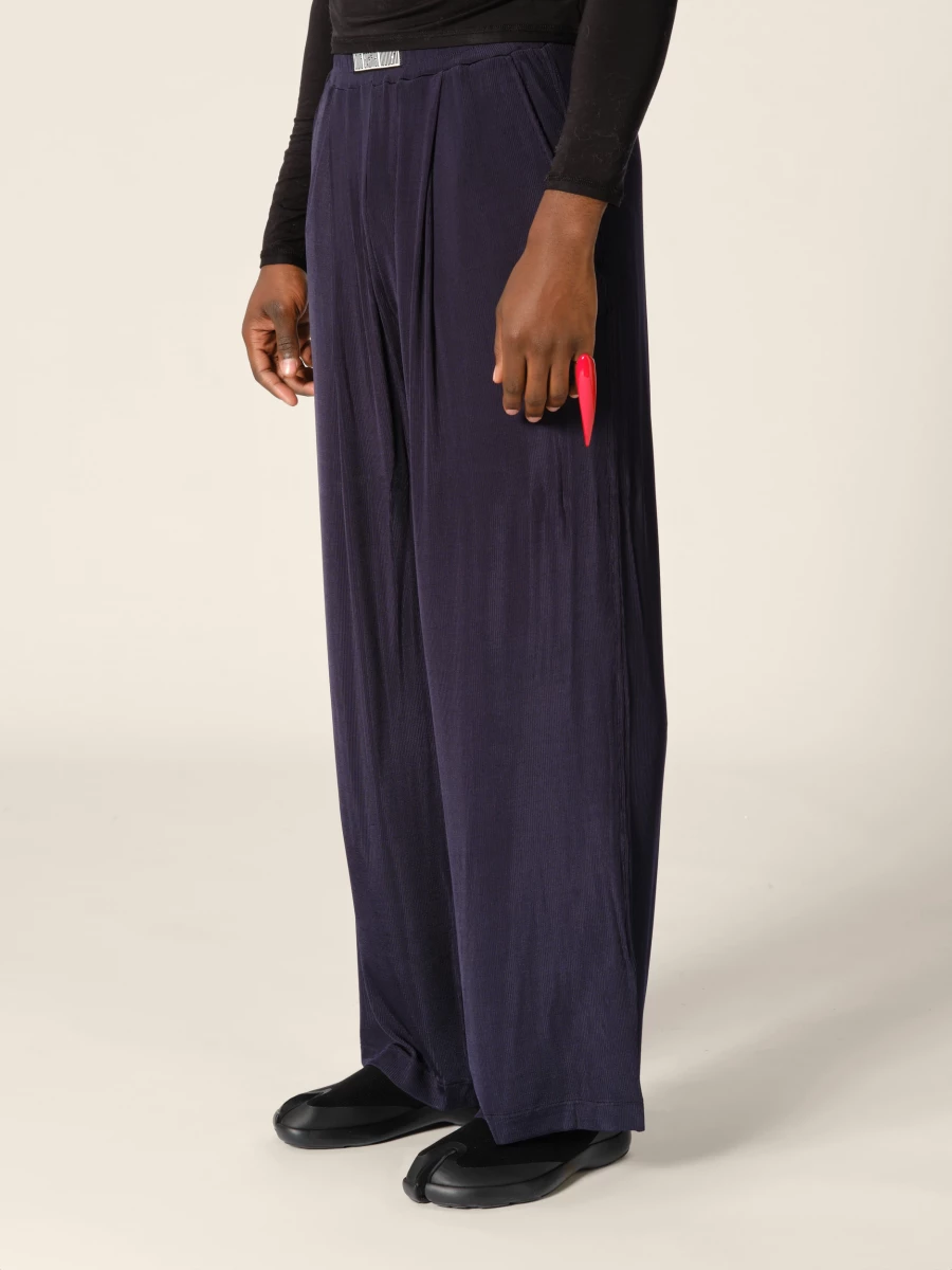 Dark Blue Elasticated Belt Jersey Wide-Leg Trousers