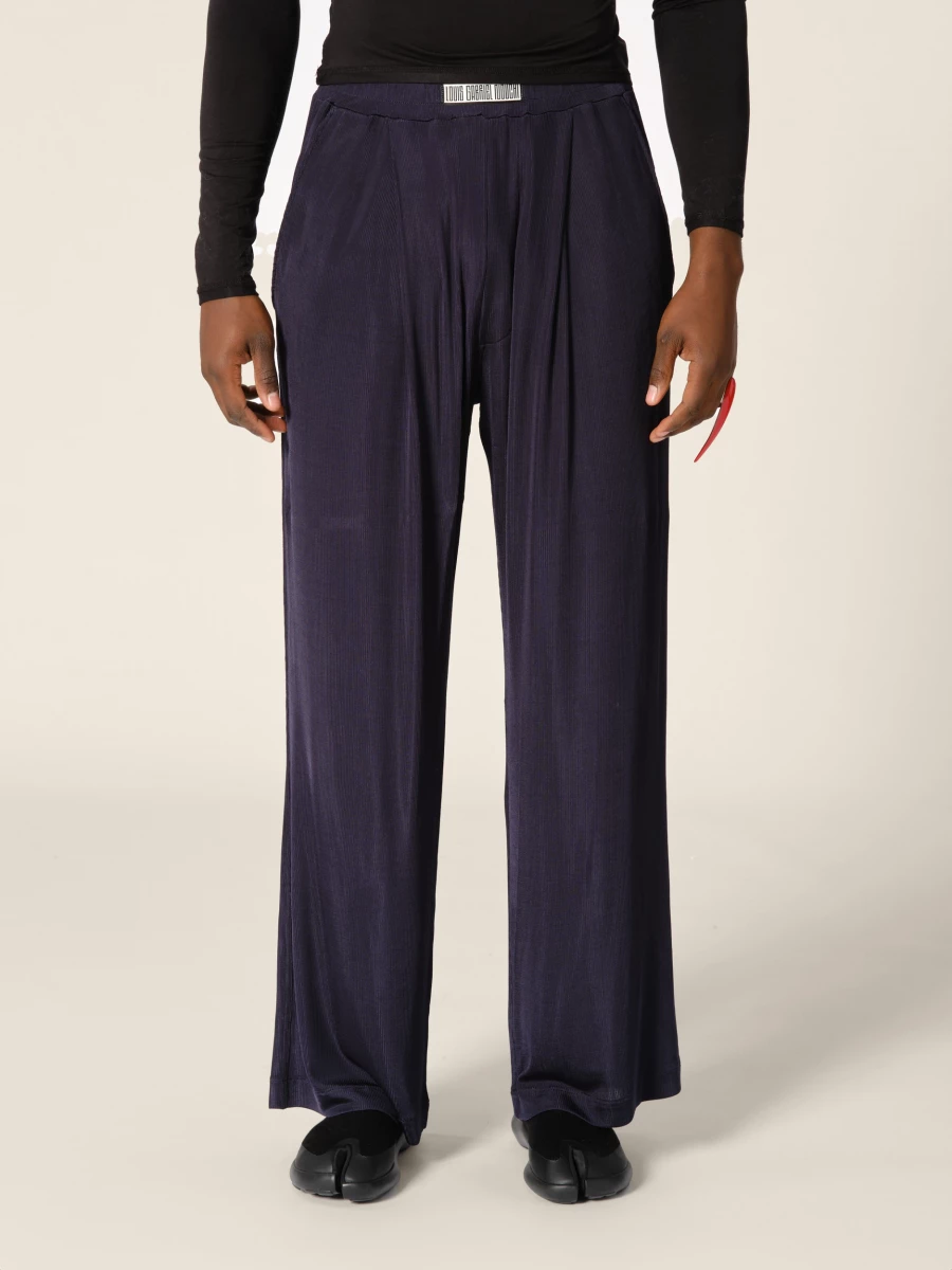 Dark Blue Elasticated Belt Jersey Wide-Leg Trousers