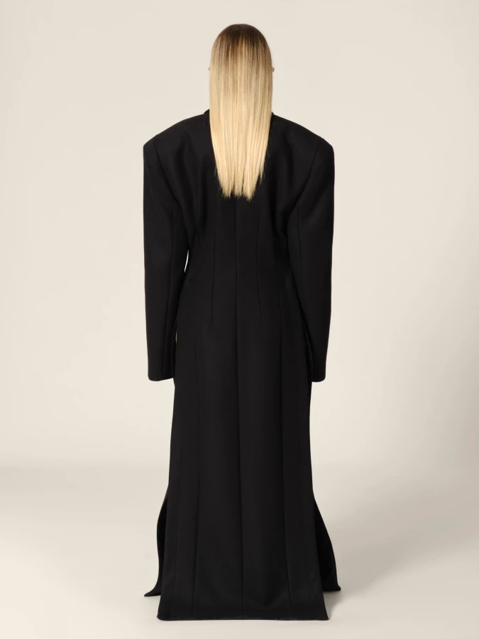 Black Double-Breasted Wool Long Coat