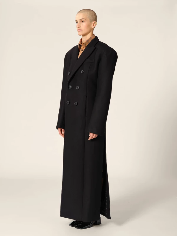 Black Double-Breasted Wool Long Coat 2