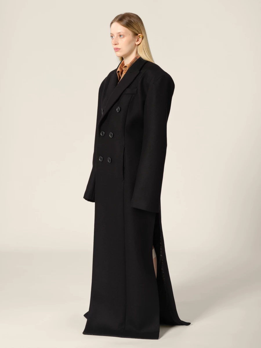 Black Double-Breasted Wool Long Coat