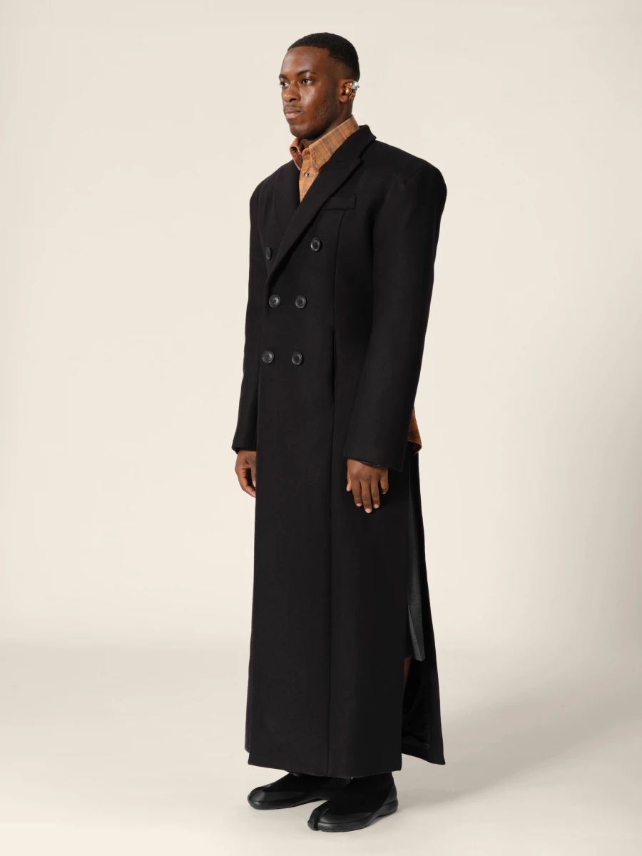 Black Double-Breasted Wool Long Coat