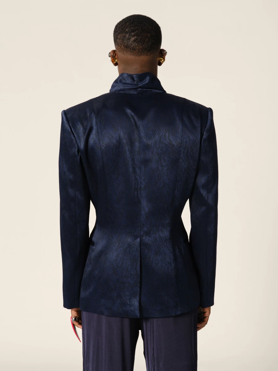 Blazer Blu Scuro Doppio petto con collo alto in Jacquard motivo pelliccia