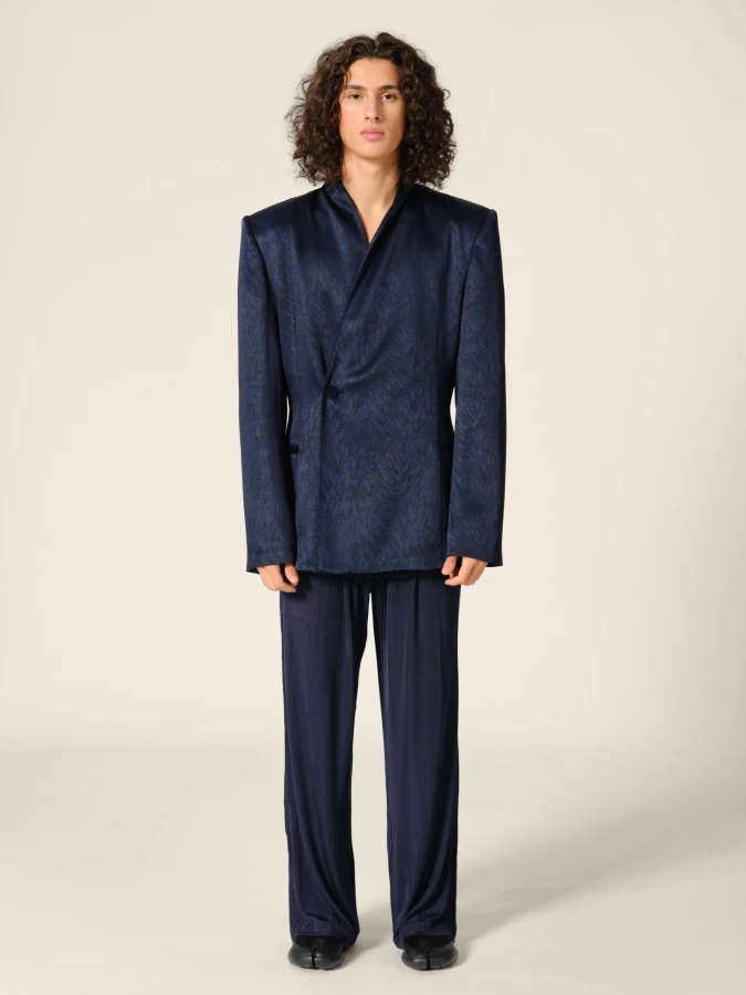 Dark Blue Double-Breasted High Draped Collar Fur Jacquared Blazer