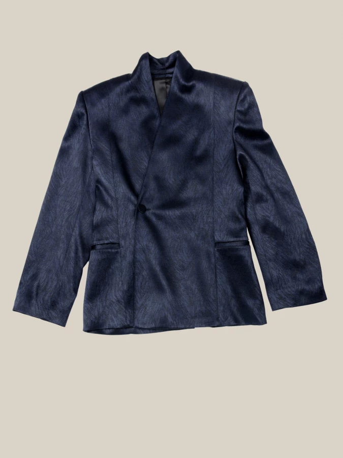 Dark Blue Double-Breasted High Draped Collar Fur Jacquared Blazer