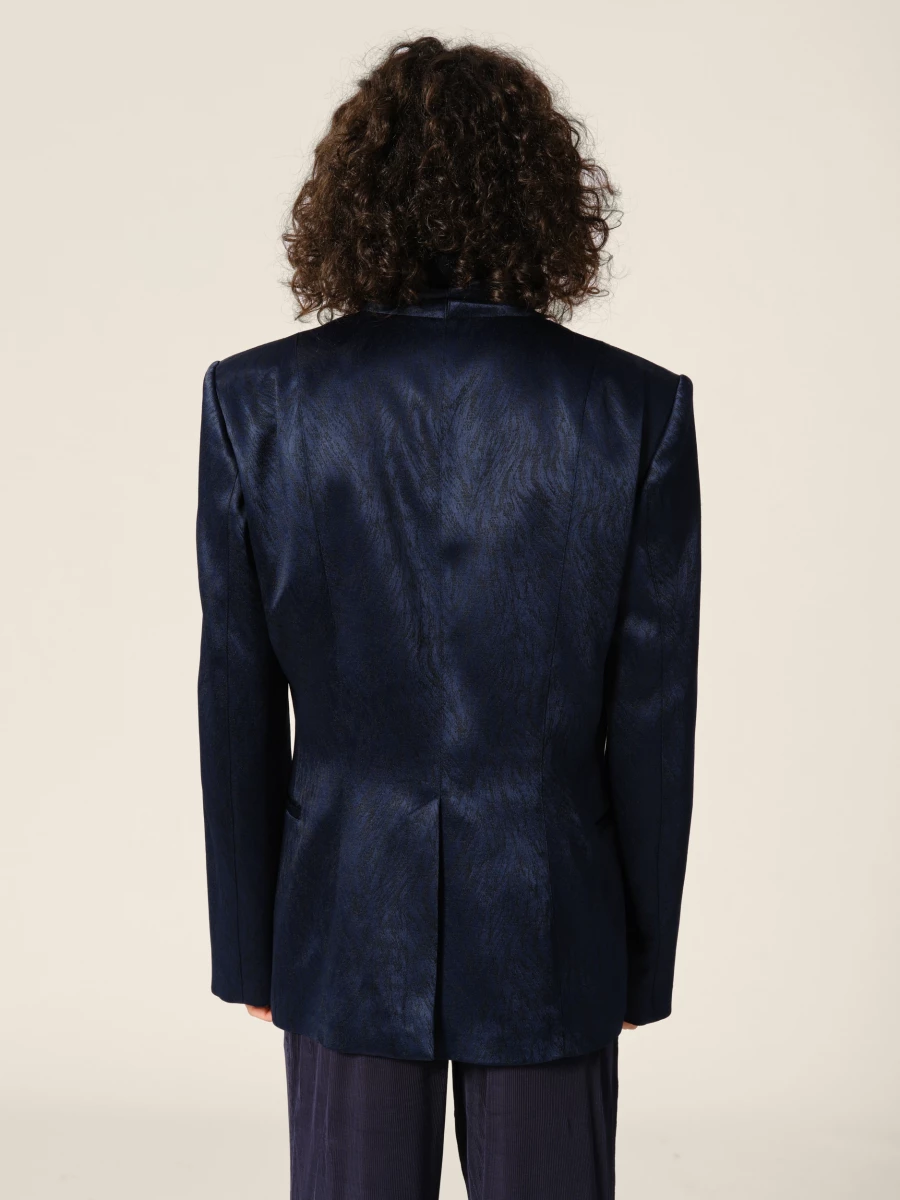 Blazer Blu Scuro Doppio petto con collo alto in Jacquard motivo pelliccia